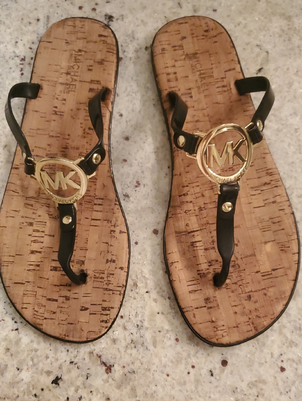 Michael Kors Black and Gold Cork Logo Thong Sandals Size 8